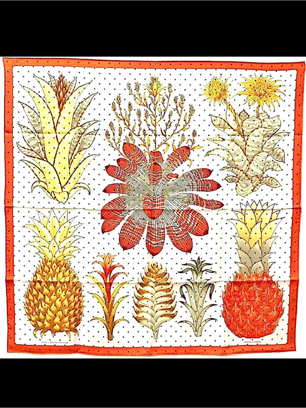 🧡 Hermès Index Bromeliacee Print * K. Scott Design, 35" / 100% Authentic Silk 🧡